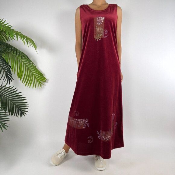 Vintage 90s Red Floral Velour Cottagecore 2-Piece Maxi Dress Cardigan Set / L - Picture 3 of 9